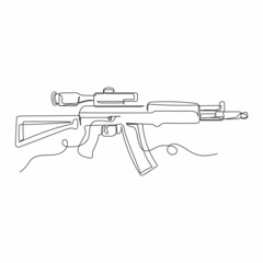 Continuous one simple single abstract line drawing of kalashnikov ak in silhouette on a white background. Linear stylized.