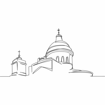 Continuous one simple single abstract line drawing of lavra church in silhouette on a white background. Linear stylized.