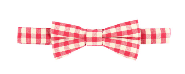 Stylish red gingham bow tie isolated on white