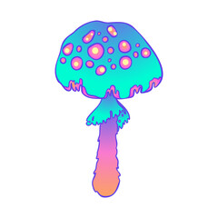 Magic mushrooms. Psychedelic hallucination. Vibrant vector illustration isolated on white. 60s hippie colorful art in vivid acid colors. Sticker, patch, poster graphic design.