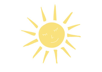 Yellow cute  sun with smile in hand drawn isolated on white background. Vector illustration. Can be signed for the design of cards, presentations, children's products