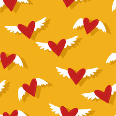 seamles pattern with hearts with wings on yellow. flat illustration