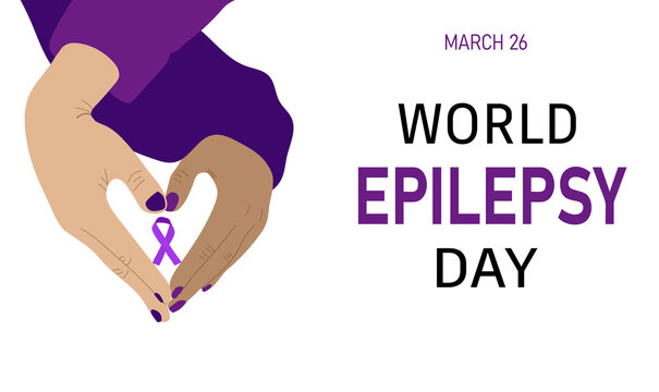 World Epilepsy Day.  Hands making heart shape holding awareness ribbon