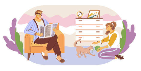 Cartoon young people. They sit in armchairs in the interior of a home living room, read books and newspapers. A girl plays with a cat. Home leisure.