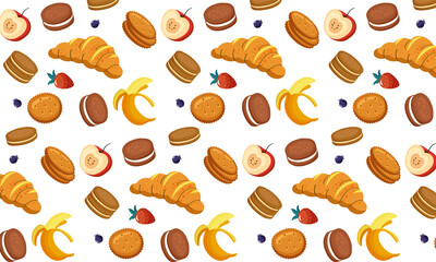 Seamless pattern with cookies, croissant, sesame bun, pretzes. illustration in flat vector design