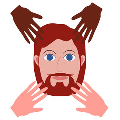 Male hipster cartoon character icon with human hands. Barbershop concept. Young man with beard and mustache.