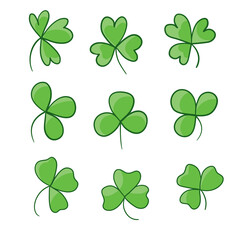 Clover leaves with four and three petals green icons set. Shamrock plant, grass. Saint Patrick day, Ireland symbol. Botanical, floral decoration elements.