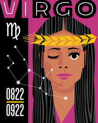Zodiac sign Virgo, Abstract retro design with Virgin maiden and wheat, symbols and constellation. Horoscope and astrology poster. Vector illustration.