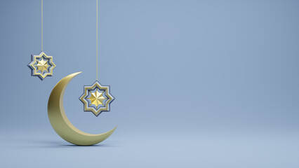 Ramadan Kareem. Gold hanging icon moon and abstract luxury Islamic background. Eid Mubarak 3d rendered social media post.