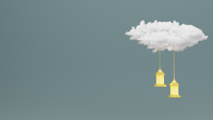 3D rendering Islamic Background. Social media banner for Ramadan and Eid Mubarak. Hanging Islamic lamp with the cloud.