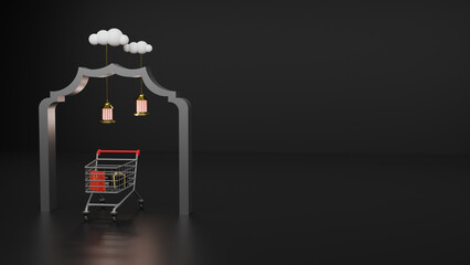 Eid Mubarak sale Instagram post design. Social media banner for Ramadan Kareem. 3D rendering cart and bags on the black background.