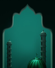 3D rendering dome and miner. Islamic banner design with space for your text. Ramadan and Eid Post on the green background.
