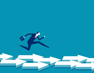 Business person run forward in the direction of the arrow. Directional guidance concept