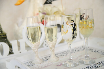 glasses of champagne and carbonated ice. detail.