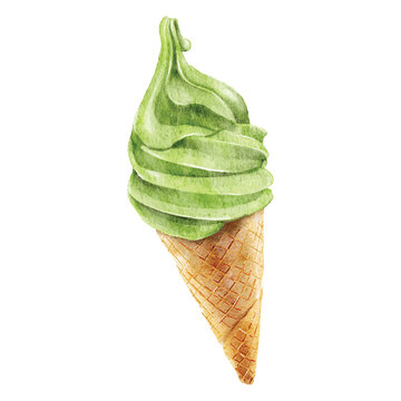 Watercolor green ice cream hand drawn illustration