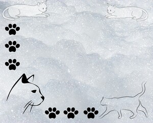 Silver gray abstract background texture with cat silhouettes and black paw prints