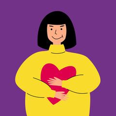 A young beautiful girl holds a heart in her hands. Colorful illustration for Valentine's day.