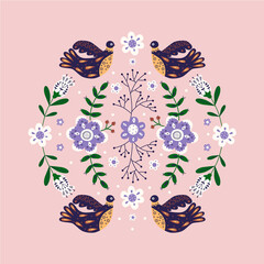 Vector ornament with birds, flowers and leaves with different folk compositions. Motif in scandinavan style. Ethnic flat illustration with nordic detailed in trendy colors