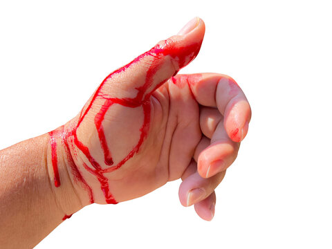 Real red blood on hand on white background with copy 
 space. Accident form a knife cut finger.