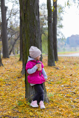 Happy little girl in the park. Autumn season.