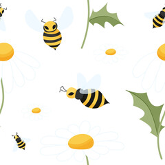 Bee and camomile seamless pattern. Bee and daisies in a kids pattern. Seamless is suitable for print, fabric, wrapping paper, bar and menu decoration.