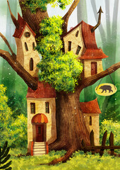 Hand drawn illustration. Cute tree house with grass, signboard and fence.