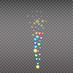 Live like, flying color hearts for stream. Live video and flying likes. Social media elements falling.