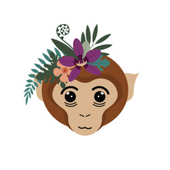 Monkey with flower crown. Monkey character, flower crown stickers.