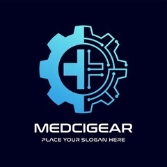 Medical Gear vector logo template. This design use technology and cross health symbol.