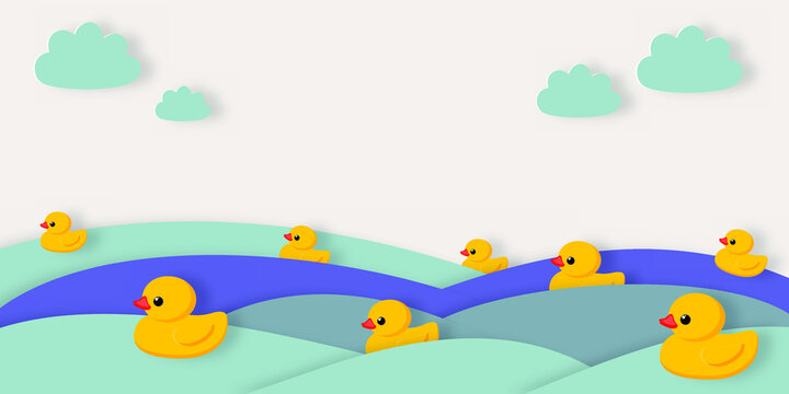 Holiday National Rubber Duck Day. Yellow cute ducklings have water races and cheer up in paper cut style. Water birds. Vector © Sagittarius_13