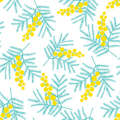 Fototapeta na wymiar Mimosa flower vector seamless pattern. Blossom mimosa plant background