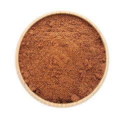 Bowl with nutmeg powder on white background, top view