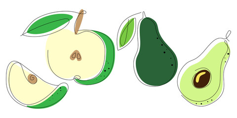 Set of fruits: apple, avocado. Single line drawing style
