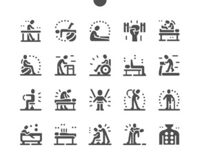 Physiotherapy. Massotherapy and acupuncture. Physical exercise. Rehabilitation. Health care, medical and medicine. Vector Solid Icons. Simple Pictogram