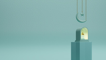 Ramadan Mubarak post with an Arabian lantern and Moon. Eid and Ramadan Mubarak celebration post design - 3d render of hanging moon with the lantern.