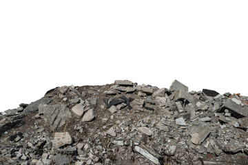 A pile of construction debris with concrete fragments, bricks and slabs isolated on a white background. Background. The cut object