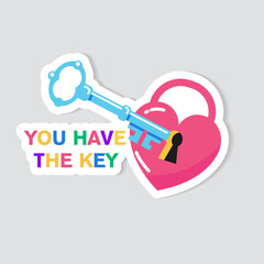The heart and the key. Cartoon-style sticker.