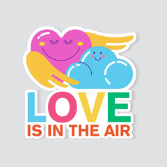 A heart in love with a cloud. Vector cartoon sticker about love.