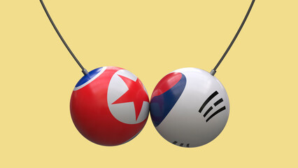 Balls on the ropes in the colors of the national flags of South Korea and North Korea collided with each other against a neutral background. 3D rendering. Blank for design. Layout.