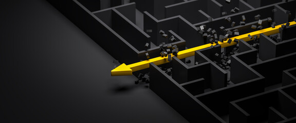 3d rendering: Concept - solving a complex problem. Brute force method: breaking through the brick wall. Black maze and floor with yellow solution path with arrow. Banner size. - obrazy, fototapety, plakaty
