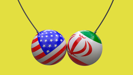 Balls on the ropes in the colors of the national flags of USA and the Iran collided with each other against a neutral background. 3D rendering. Blank for design. Layout.