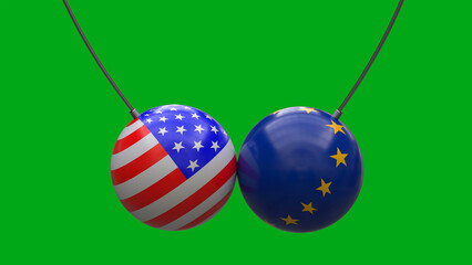 Balls on the ropes in the colors of the national flags of USA and the European Union collided with each other against a neutral background. 3D rendering. Blank for design. Layout.