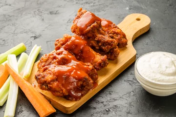 Plexiglas foto achterwand Sauce-drenched buffalo wings with fresh vegetables and white sauce. Traditional American cuisine. © Alexandr Milodan