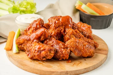 Fototapeten Fried bbq wings a lot, served on a wooden board with celery and carrot vegetables and blue cheese sauce. Traditional buffalo wings. © Alexandr Milodan