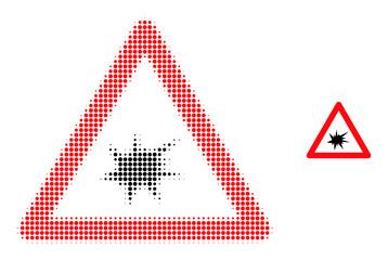 Boom warning halftone dotted vector. Boom warning vector icon mosaic is created with halftone array which contains circle dots.