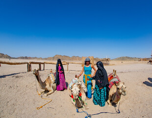 Women with burkas next to camels