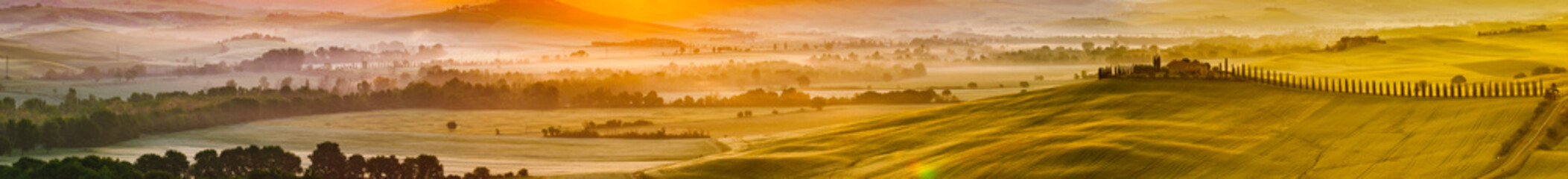 Tuscany, Italy landscape. Super high quality panorama taken at wonderful sunrise. Vineyards, hills, farm house. - Powered by Adobe