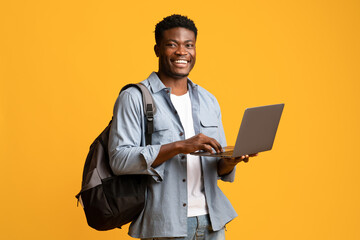 Cheerful african american male student using laptop