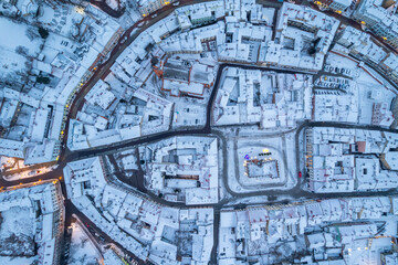 Tarnow skyline in winter. Aerial Drone view on old town and town square