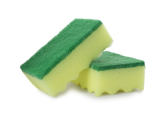 Yellow cleaning sponge with abrasive green scourers on white background